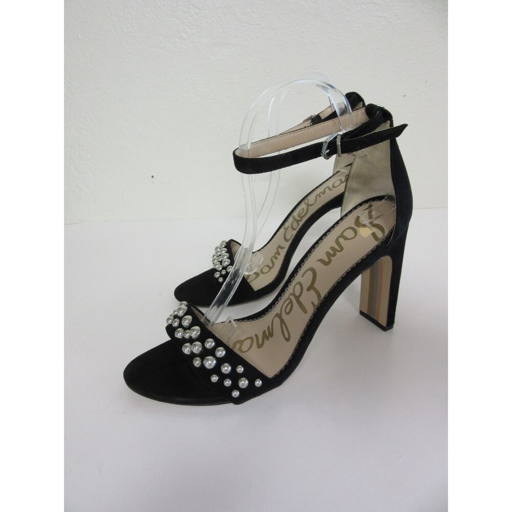 SAM EDELMAN Black Silver Studded Open Toe 11 Ankle Strap Closure Fancy Heels